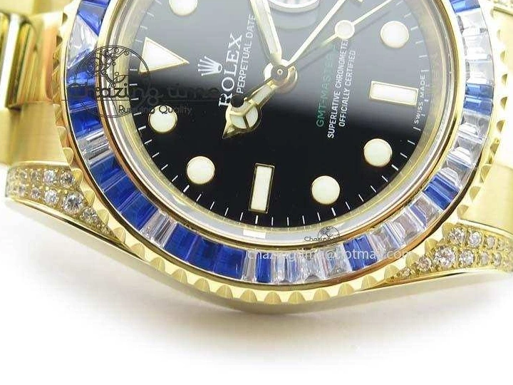 0414 GMT-Master II 116759 YG Bp-Maker Blue Ruby Crystal Bezel Black Dial On YG Bracelet A NewStyle 3775